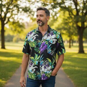 Hawaii Silkway Mens XL Extra Large Black Floral Short Sleeve Washable Silk Shirt